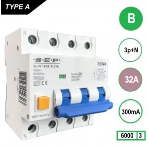 SEP aardlekautomaat 3-polig+nul 32A B-kar 300mA (RCM4-B32.30)