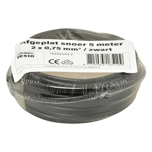 VMVL afgeplat H03VVH2-F kabel 2x0.75mm2 zwart per 5 meter