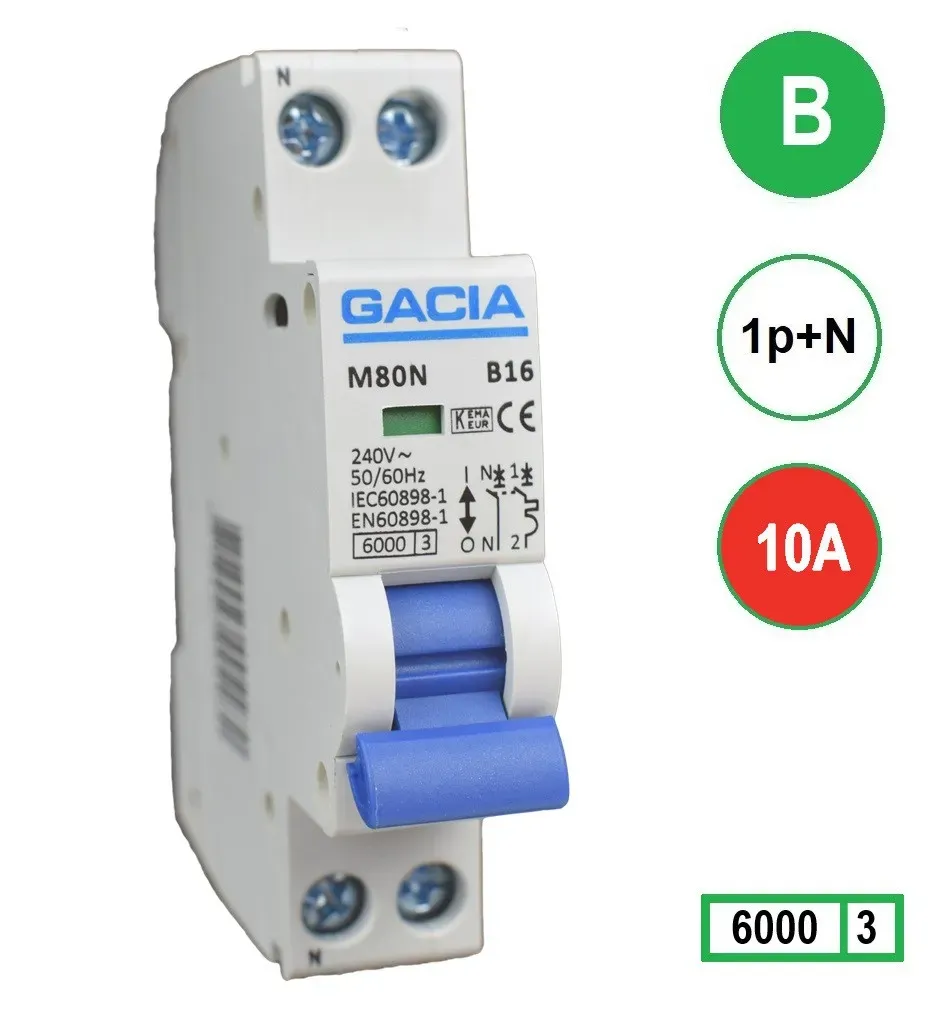 Gacia installatieautomaat 1-polig+nul 10A B-kar (M80N-B10)