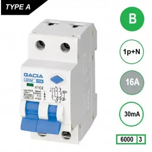 Gacia aardlekautomaat 1-polig+nul 16A B-kar 30mA (L80M-B16)