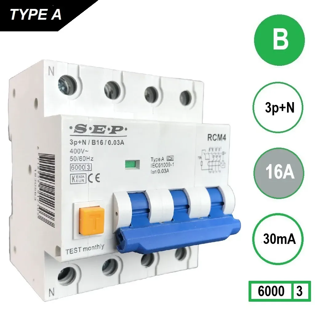 SEP aardlekautomaat 3-polig+nul 16A B-kar 30mA (RCM4-B16.03)