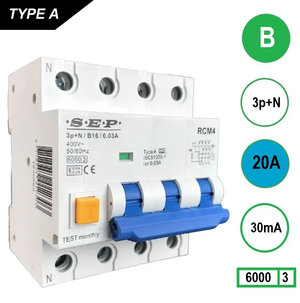 SEP aardlekautomaat 3-polig+nul 20A B-kar 30mA (RCM4-B20.03)