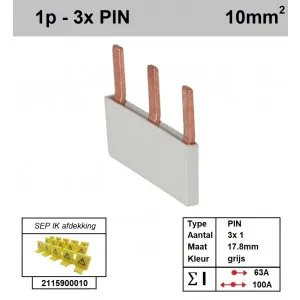 SEP kamrail 3-pins 1-fase 17,8mm grijs - P01003G00