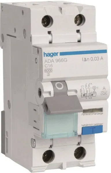 Hager aardlekautomaat 1-polig+nul 16A C-kar 30mA (ADA966G)
