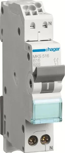 Hager installatieautomaat 1-polig+nul 16A B-kar Quickconnect (MKS516)
