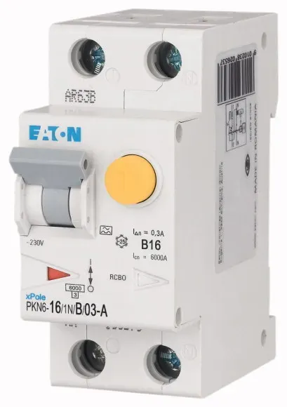 Eaton aardlekautomaat 1-polig+nul 16A B-kar 300mA (PKN6-16/1N/B/03-A-MW)